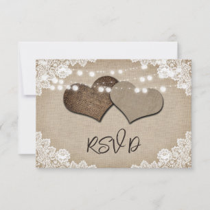 Rustikale String Lights Lace Burlap Hearts Wedding RSVP Karte