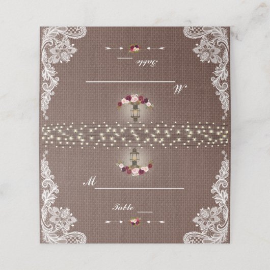 Rustikale String Lights Lace Burlap-Tischnummer Platzkarte (Außenseite Aufgefaltet)