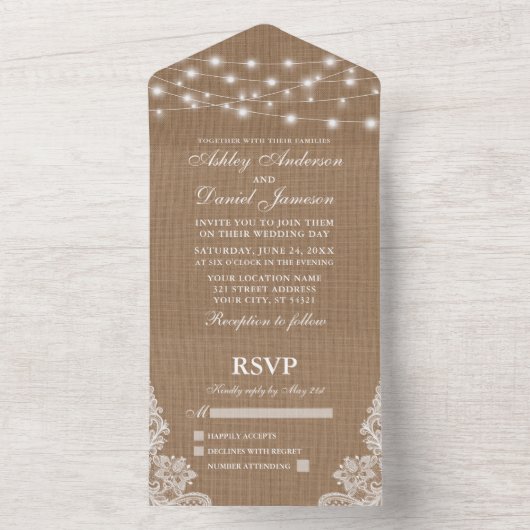 Rustikale String Lights Lace Burlap Wedding All In One Einladung (Innen Boden)