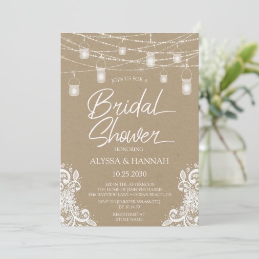 Rustikale String Lights LGBTQ Brautparty Einladung (Stehend Vorderseite)