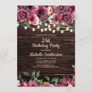 Rustikale String Lights Lila floral 21. Geburtstag Einladung
