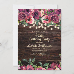 Rustikale String Lights Lila floral 40. Geburtstag Einladung