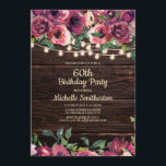 Rustikale String Lights Lila floral 60. Geburtstag Einladung<br><div class="desc">60. Geburtstagsfeier mit einem rustikalen dunkelbraunen Holzboden und bunten Saitenleuchten mit rosa und lila Aquarellblumen. Kontaktieren Sie uns für Hilfe bei der Anpassung oder der Anpassung von Produkten.</div>