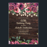 Rustikale String Lights Lila floral 60. Geburtstag Einladung<br><div class="desc">60. Geburtstagsfeier mit einem rustikalen dunkelbraunen Holzboden und bunten Saitenleuchten mit rosa und lila Aquarellblumen. Kontaktieren Sie uns für Hilfe bei der Anpassung oder der Anpassung von Produkten.</div>