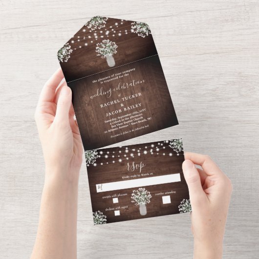 Rustikale String Lights Mason Jar Floral Wedding All In One Einladung (Abreißen)