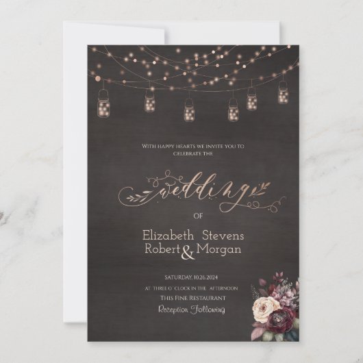 Rustikale String Lights Mason Jar Rose Hochzeit Einladung (Vorderseite)