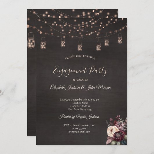 Rustikale String Lights Mason Jar Rose Verlobung Einladung (Vorne/Hinten)