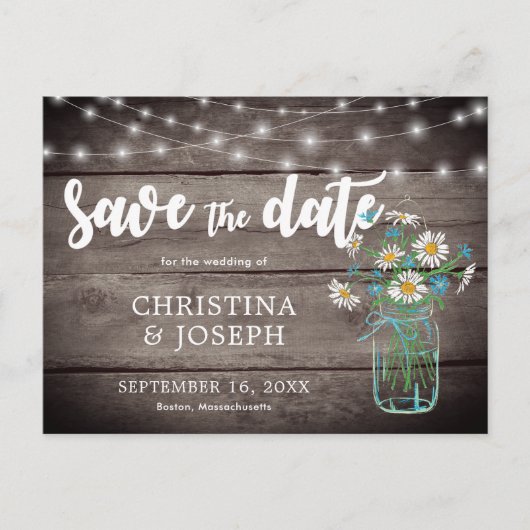 Rustikale String Lights Mason Jar Save the Date Ankündigungspostkarte (Vorderseite)