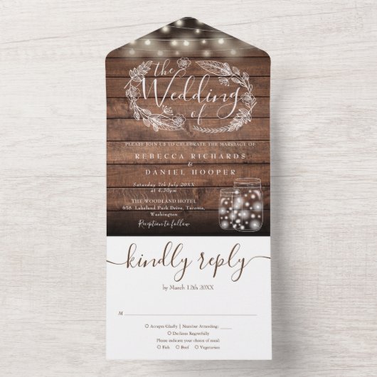 Rustikale String Lights Mason Jars Floral Wedding All In One Einladung (Innen Boden)