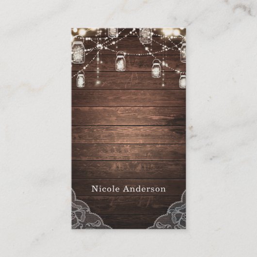 Rustikale String Lights Mason Jars Lace Country Gl Visitenkarte (Vorderseite)