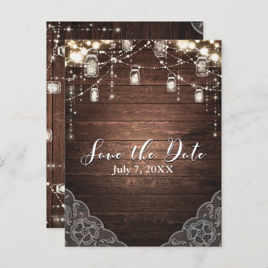 Rustikale String Lights Mason Jars Lace Save the D Ankündigungspostkarte (Vorne/Hinten)