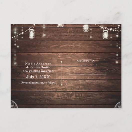 Rustikale String Lights Mason Jars Lace Save the D Ankündigungspostkarte (Rückseite)