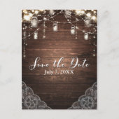 Rustikale String Lights Mason Jars Lace Save the D Ankündigungspostkarte (Vorderseite)