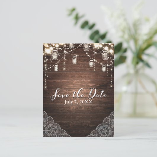 Rustikale String Lights Mason Jars Lace Save the D Ankündigungspostkarte (Stehend Vorderseite)