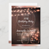 Rustikale String Lights Mason Jars Metallische Ros Einladung (Vorne/Hinten)