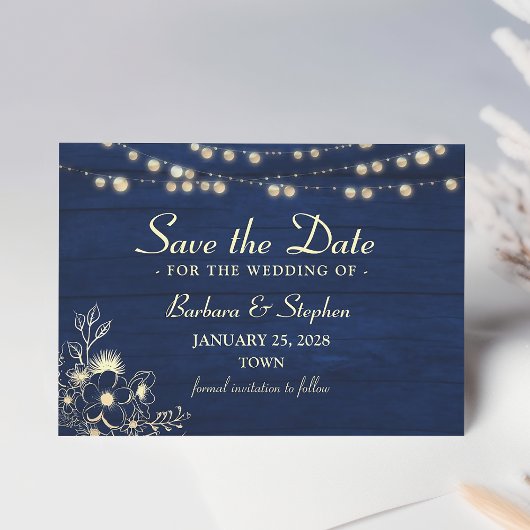 Rustikale String Lights Navy Blue Save The Date