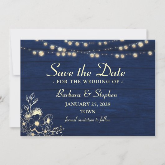 Rustikale String Lights Navy Blue Save The Date (Vorderseite)