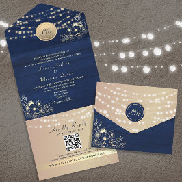 Rustikale String Lights Navy Blue Wedding All In One Einladung