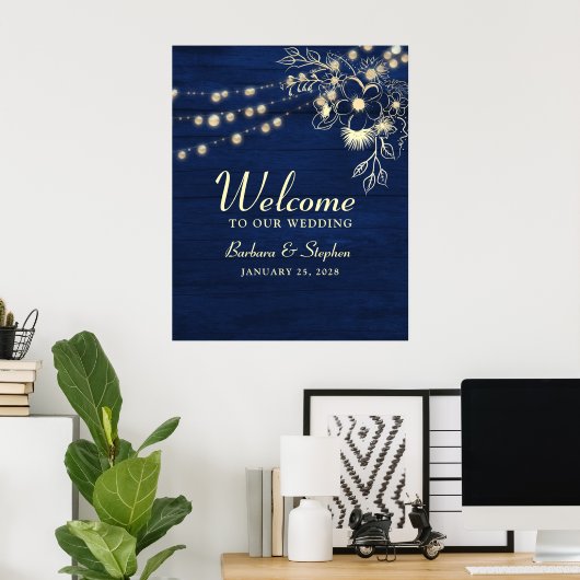 Rustikale String Lights Navy Blue Wedding Willkomm Poster (Heimbüro)