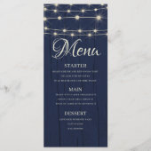Rustikale String Lights Navy Blue Wood Wedding Menükarte (Vorderseite)