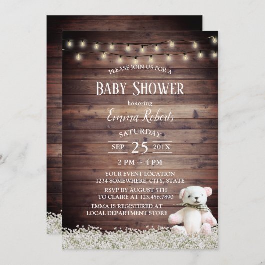 Rustikale String Lights Niedlich Bear Baby Dusche Einladung (Vorne/Hinten)