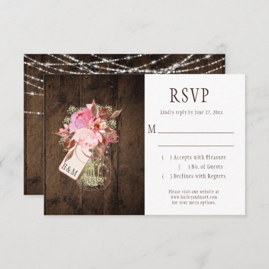 Rustikale String Lights Pink Mason Jars UAWG RSVP Karte (Vorne/Hinten)