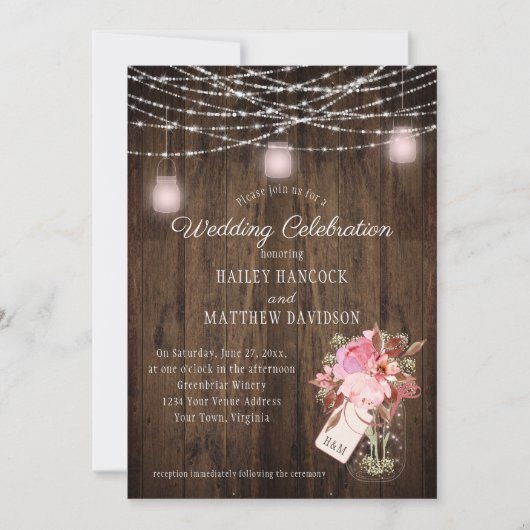 Rustikale String Lights Pink Mason Jars Wedding Einladung (Vorderseite)