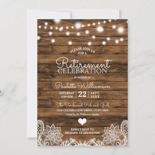 Rustikale String Lights Retirement-Party Einladung (Vorderseite)