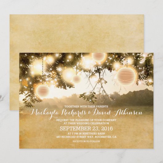 Rustikale String Lights Romantische Hochzeitseinla Einladung (Vorne/Hinten)