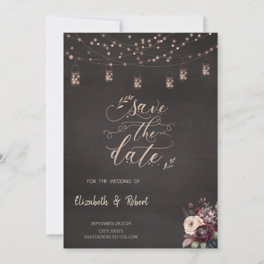 Rustikale String-Lights-Rose Save the Date (Vorderseite)