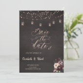 Rustikale String-Lights-Rose Save the Date (Stehend Vorderseite)