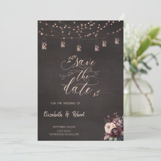 Rustikale String-Lights-Rose Save the Date (Stehend Vorderseite)