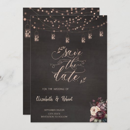 Rustikale String-Lights-Rose Save the Date (Vorne/Hinten)