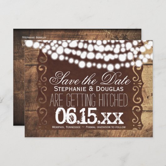 Rustikale String-Lights Save the Date Postkarten (Vorne/Hinten)