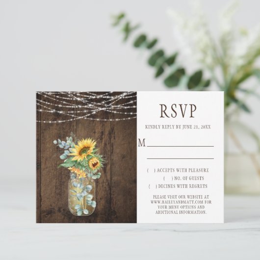 Rustikale String Lights Sonnenblumen Mason Jars UA Einladung (Stehend Vorderseite)