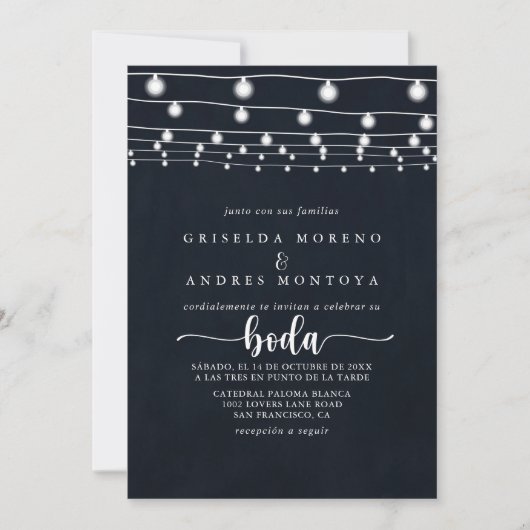 Rustikale String Lights Spanische Hochzeit Einladung (Vorderseite)