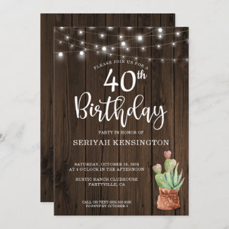 Rustikale String Lights Succulent 40. Geburtstag Einladung