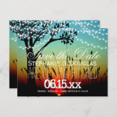 Rustikale String-Lights Sunset Save the Date Postk Ankündigungspostkarte (Vorne/Hinten)