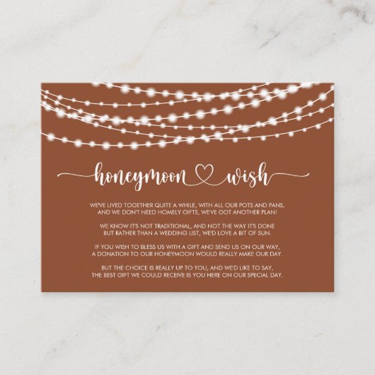 Rustikale String Lights Terracotta Honeymoon Wish Begleitkarte (Vorderseite)