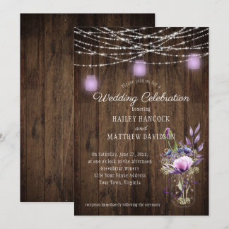 Rustikale String Lights Violet Mason Jars Wedding Einladung