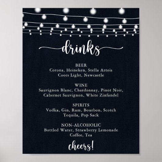 Rustikale String lights Wedding Drinks Menü Signie Poster (Vorne)