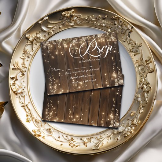 Rustikale String Lights White Floral Wedding RSVP Karte