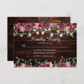 Rustikale String Lights Wood Burgundy Floral RSVP Karte (Vorne/Hinten)