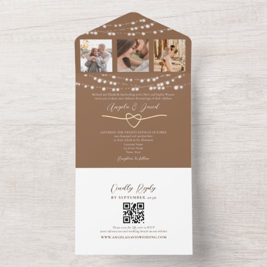 Rustikale String Ligths Wedding QR Code All In One Einladung (Innen Boden)