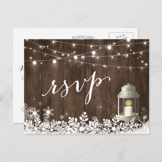 Rustikale Stringlampen Snowflakes Hochzeit RSVP Einladungspostkarte (Vorne/Hinten)