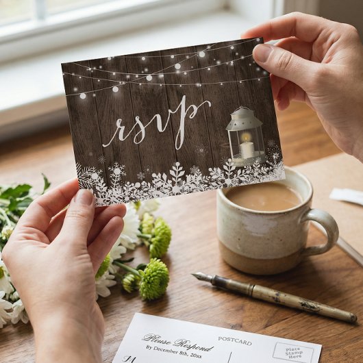 Rustikale Stringlampen Snowflakes Hochzeit RSVP Einladungspostkarte