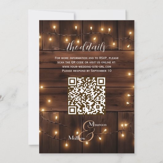 Rustikale Stringleuchten QR-Code Hochzeiten aus br Einladung (Rückseite)