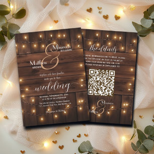 Rustikale Stringleuchten QR-Code Hochzeiten aus br Einladung