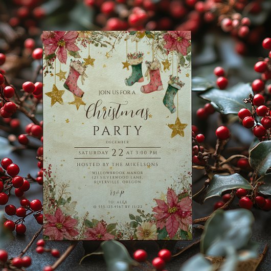Rustikale Strumpf und Poinsettias Weihnachten Einladung