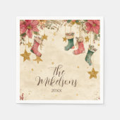 Rustikale Strumpf und Poinsettias Weihnachtsfeiert Serviette (Vorderseite)